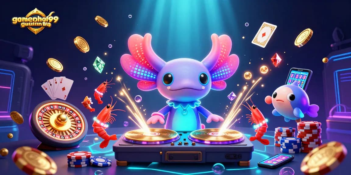 Experience the vibrant action of gamenohuuytin99 with this dynamic casino scene of dancing creatures and casino elements.