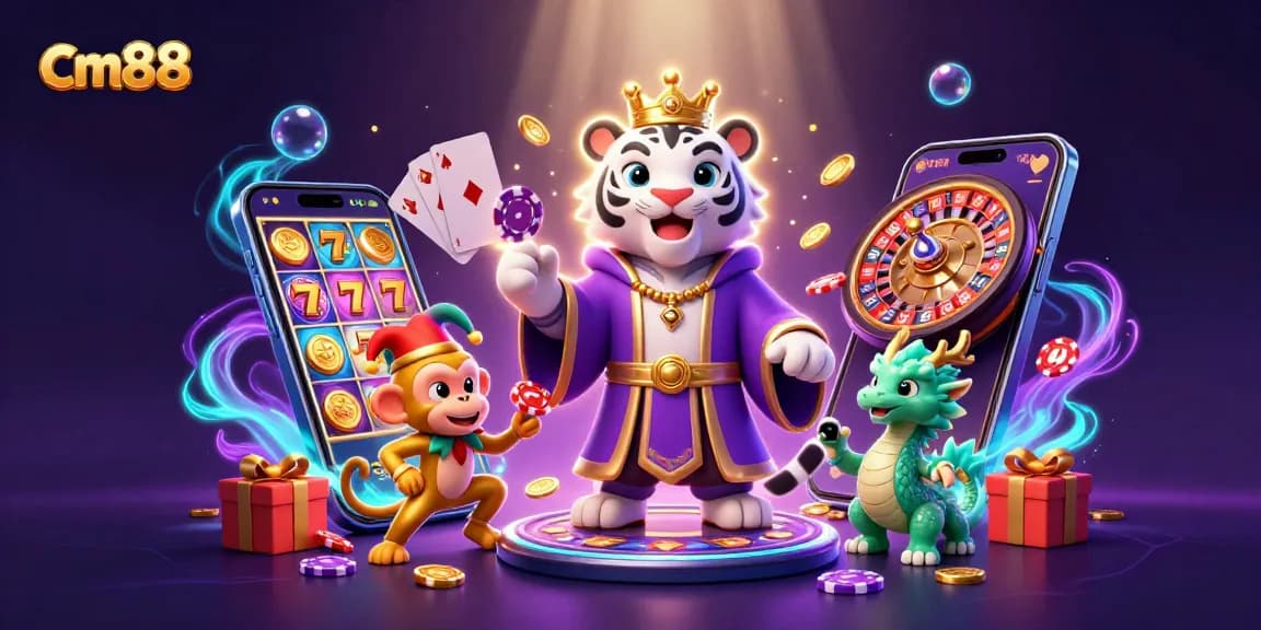 Experience the thrill of cm88 with a vibrant 3D casino illustration showcasing a white tiger and playful characters.