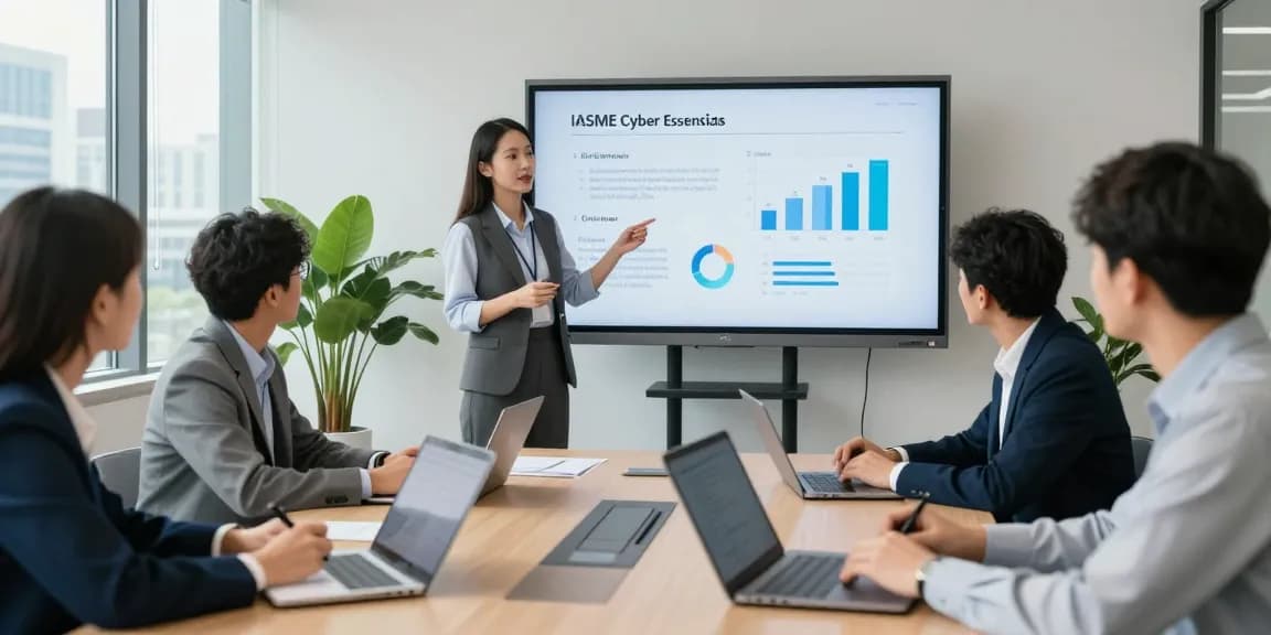 Team discussing IASME Cyber Essentials certification in a bright office meeting.