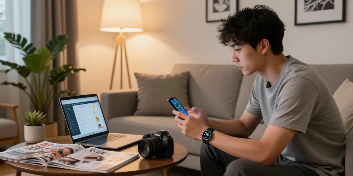 Stylish young professional wearing a smart ring, engaged with health metrics on smartphone in a cozy modern living room.