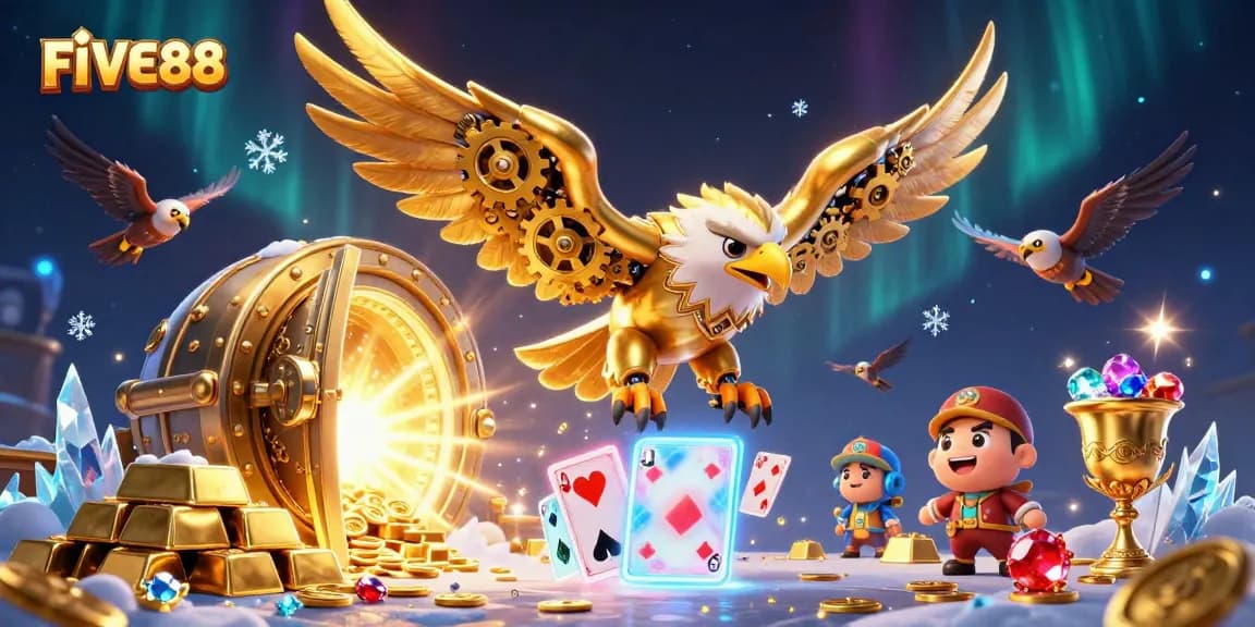 Engage in thrilling gameplay at FIVE88 with dynamic holographic elements and a golden eagle.