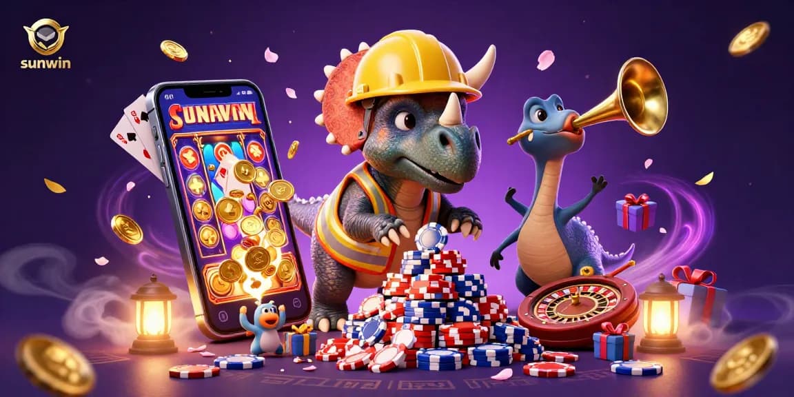 Engage with sunwin through this vibrant 3D illustration of a cheerful triceratops and friends celebrating at a casino setting.