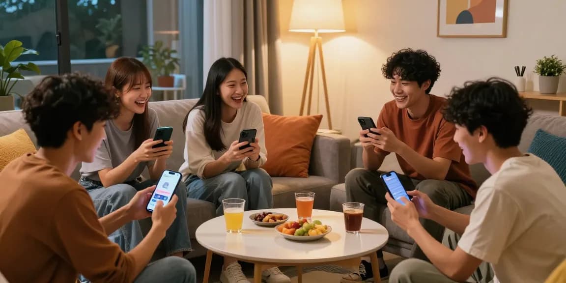 Young adults enjoying SpicyChat AI conversations in a cozy living room