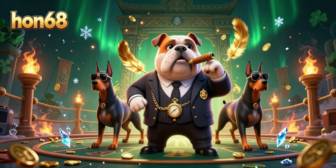 Experience thrilling gaming at hon68 with a mafia boss bulldog and bodyguard Dobermans in a dynamic casino scene.