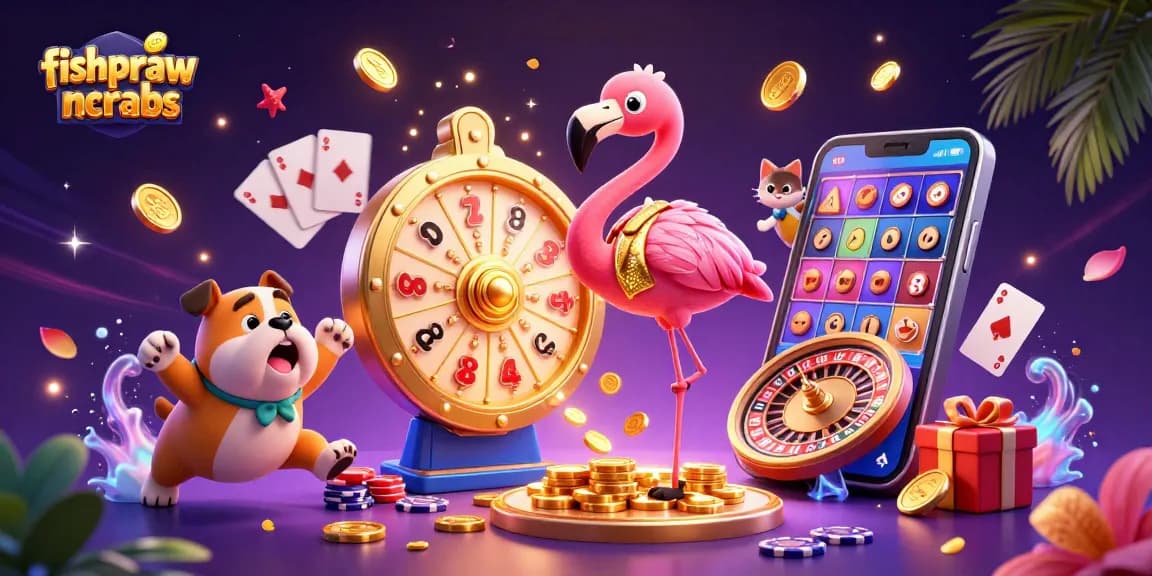 Experience excitement with fishprawncrabs as our flamingo host spins the golden prize wheel surrounded by vibrant casino elements.