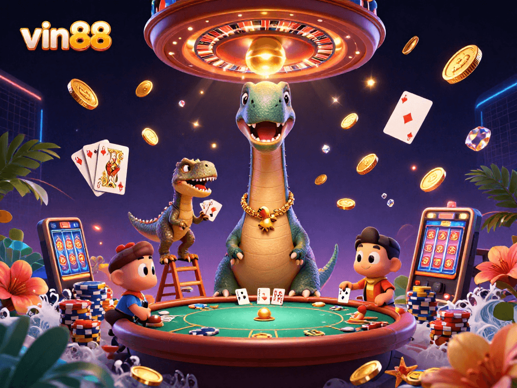 Experience thrill at vin88 with a lively 3D casino scene showcasing exciting games and dynamic characters.