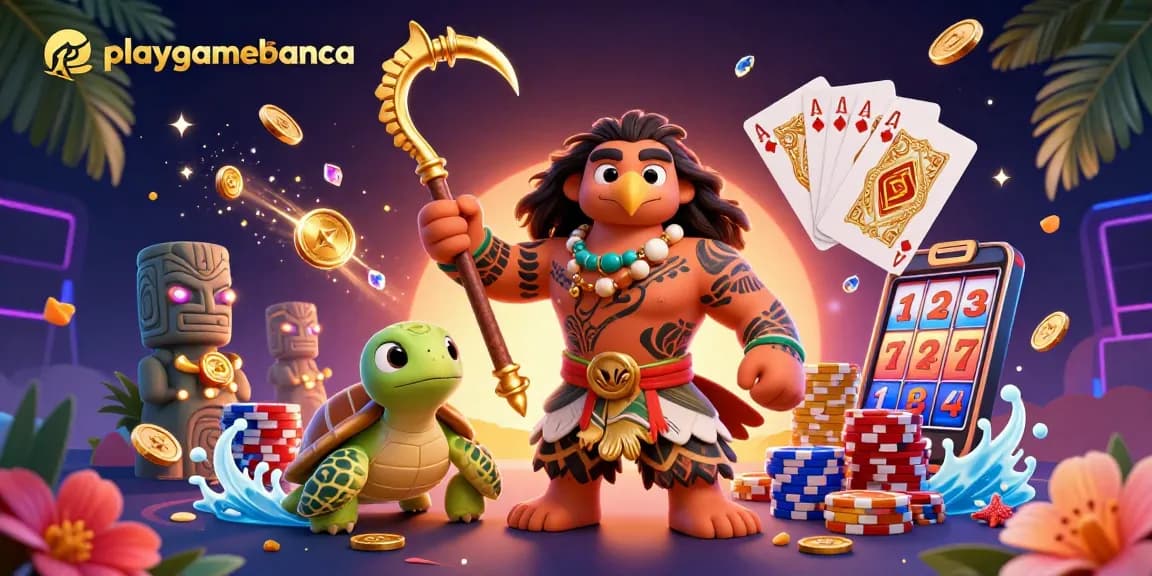 Experience playgamebanca with a vibrant casino scene featuring a demigod and sparkling gold elements.