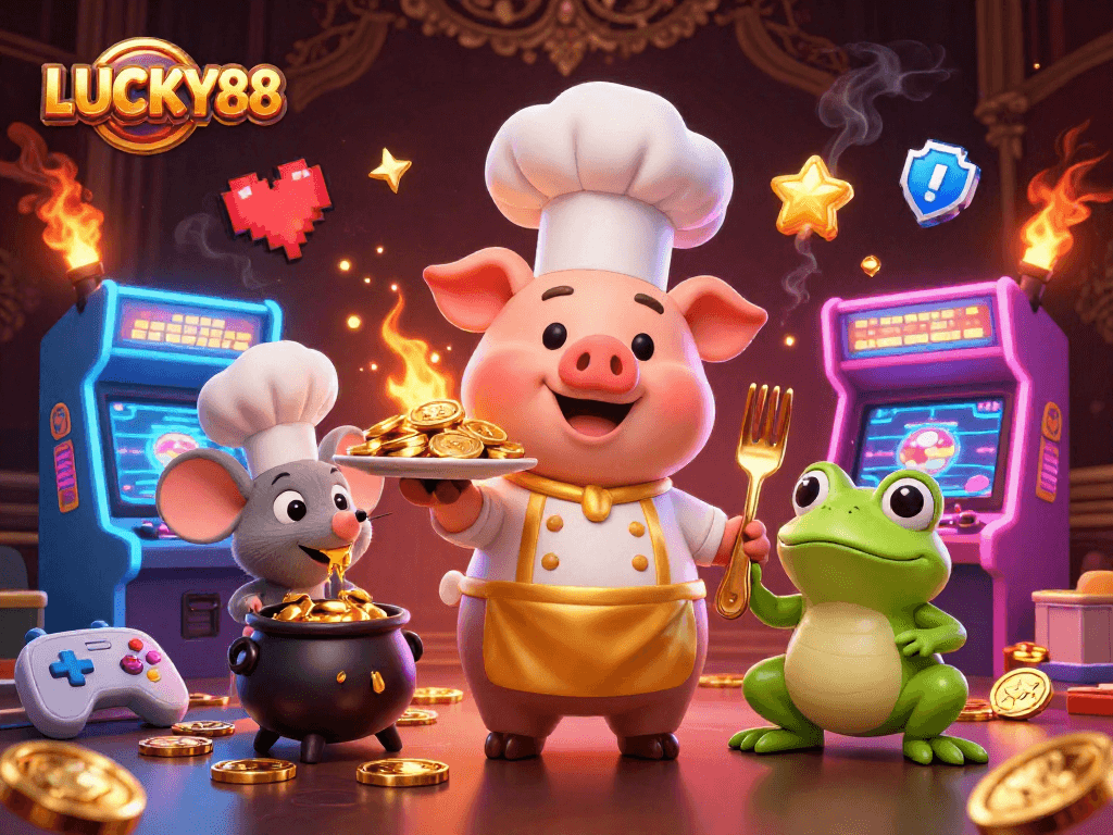 Experience the excitement of LUCKY88 with a vibrant casino scene featuring adventurous characters and gaming elements.
