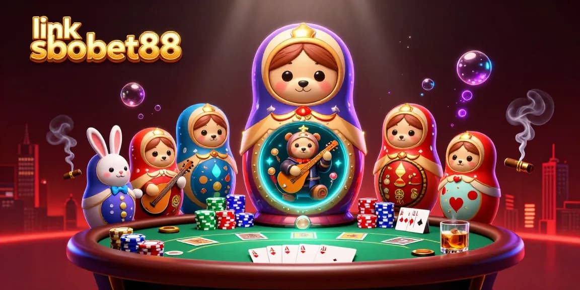 Experience the thrill of gaming with link sbobet88 as 3D bears reveal casino secrets amidst vibrant poker chips and cards.