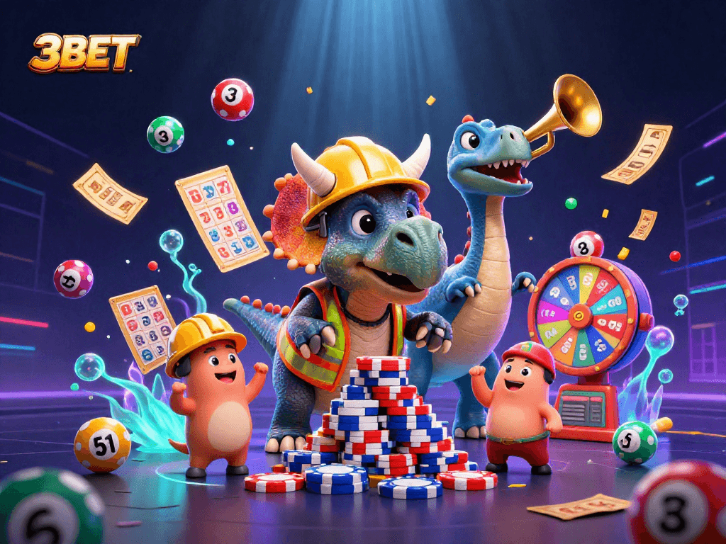 3BET celebrates with animated characters in a vibrant casino scene featuring dynamic lottery elements.