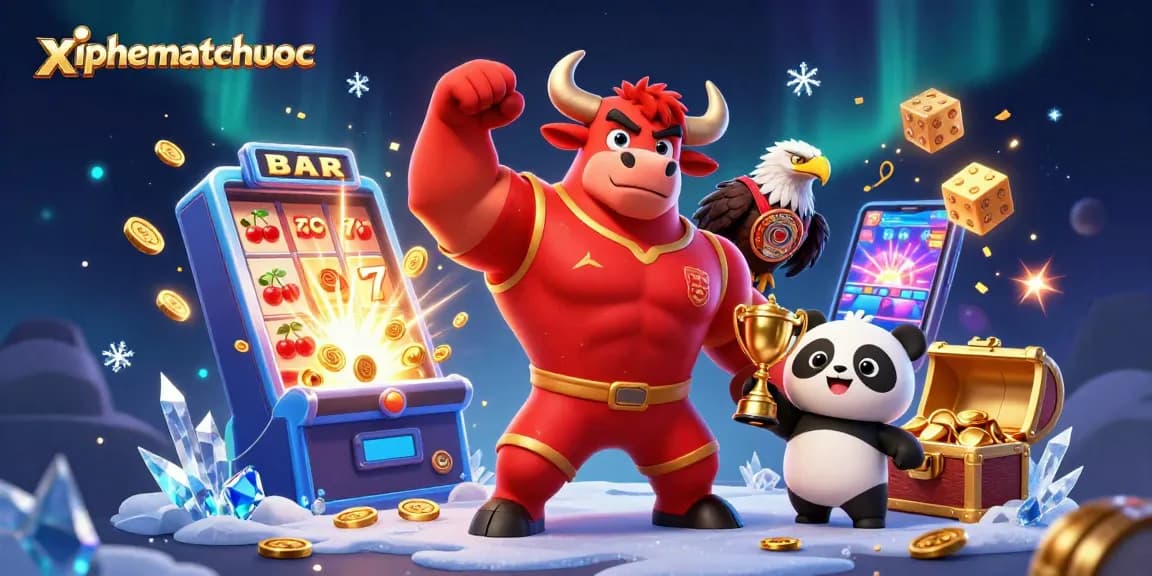 Play intense Mahjong 1vs1 matches for high wins at xiphematchuoc, featuring engaging characters in a colorful casino scene.