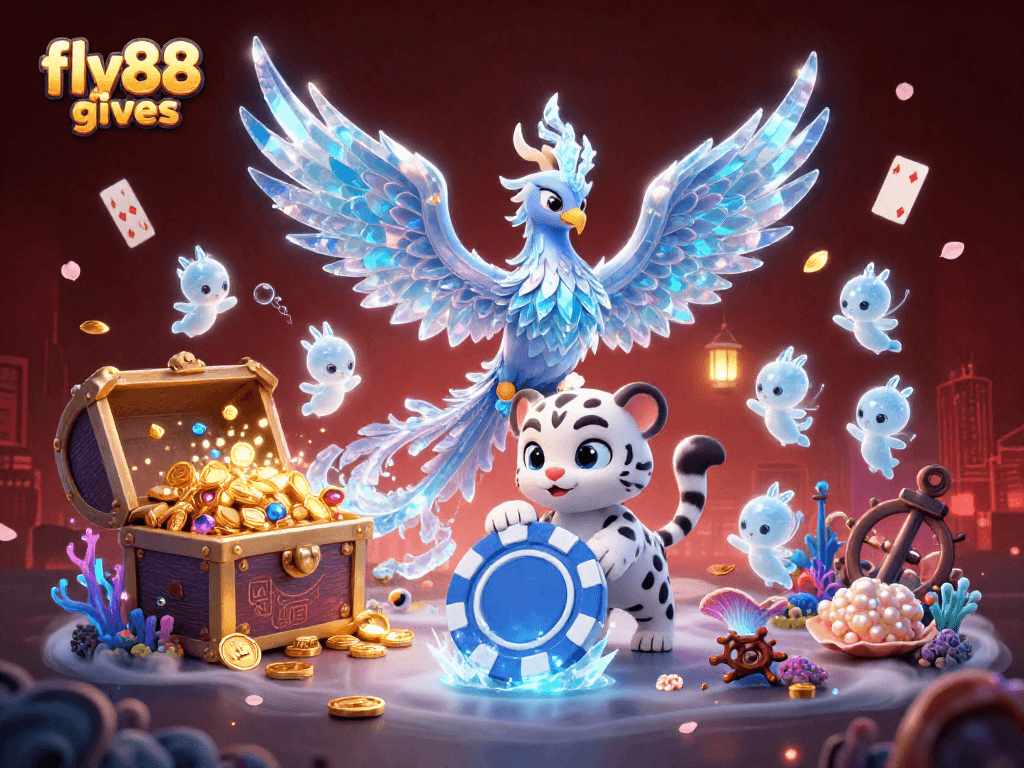 Experience intense gaming excitement with fly88 gives featuring a phoenix and ice sprites in a dynamic casino scene.