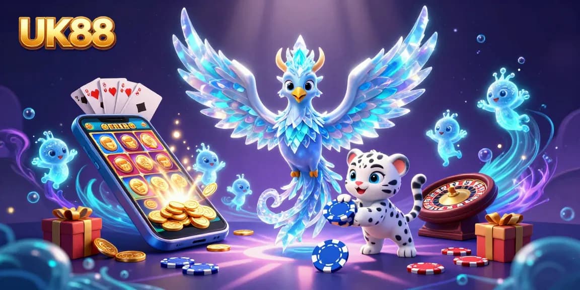 Join the thrilling world of UK88 with vibrant casino elements and engaging characters celebrating wins.