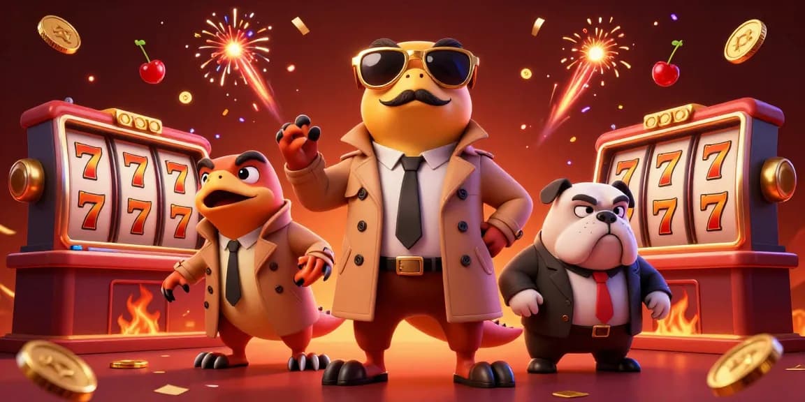 Catch exciting winning moments at ON68 with a vibrant casino scene featuring playful raptors and dynamic slot elements.