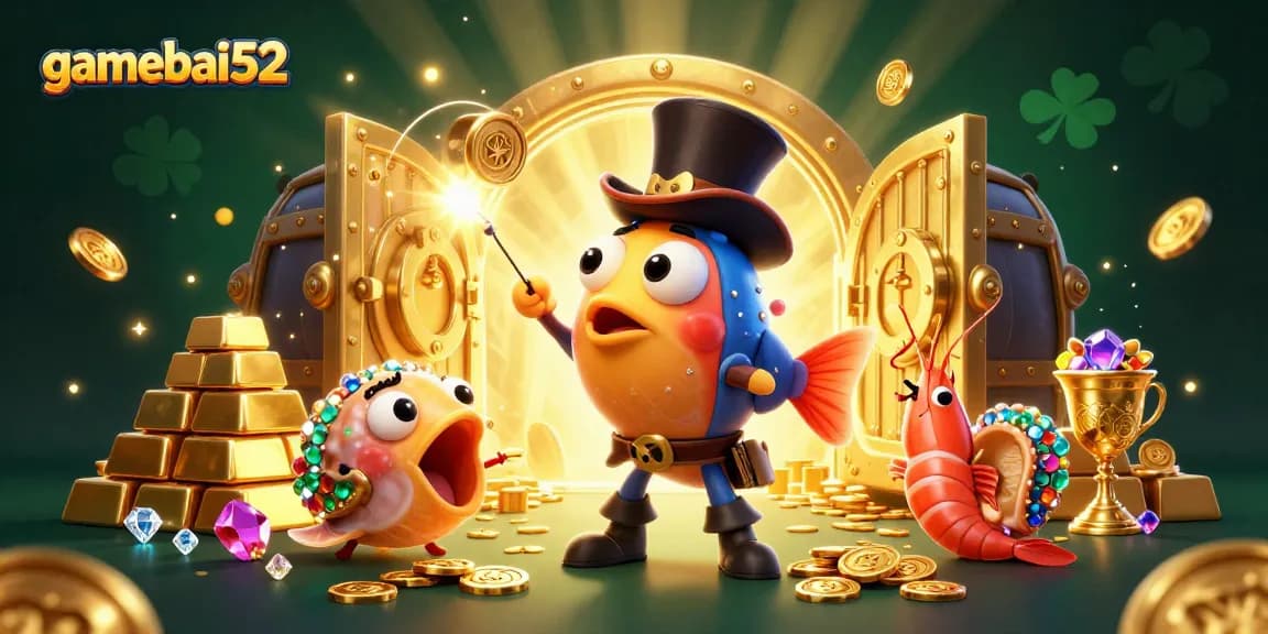 Engage with gamebai52 through vibrant 3D casino illustration showcasing anglerfish and treasure.