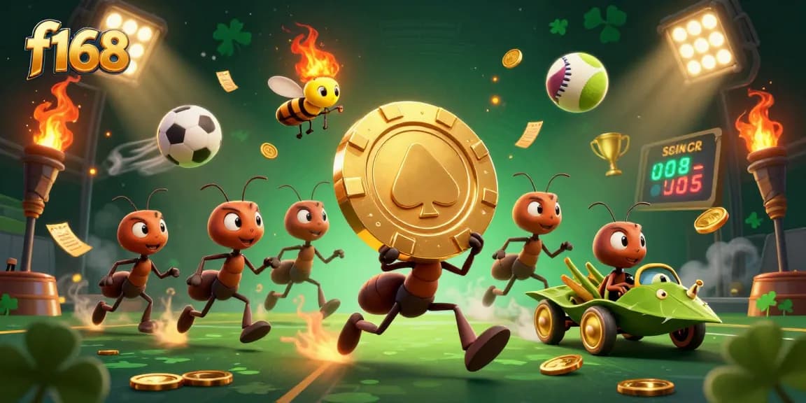 Experience the excitement at f168 as ants carry a massive poker chip, surrounded by dynamic sports elements.