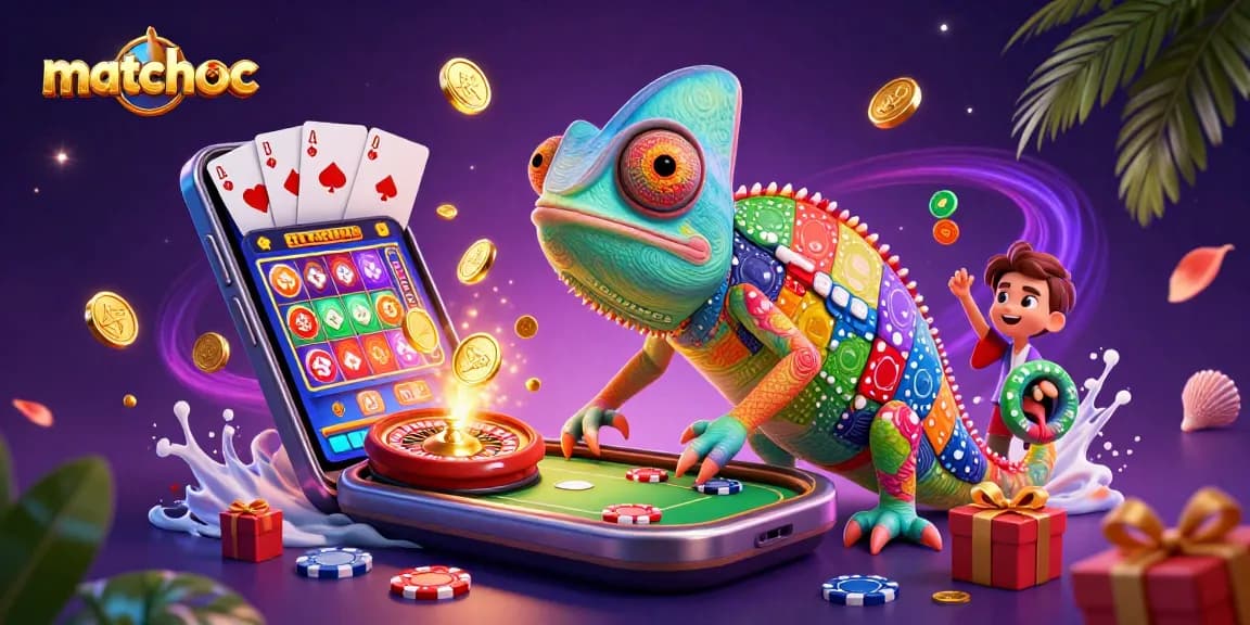 Engage with matchuoc in a vibrant casino scene featuring a chameleon casino owner and dynamic gaming elements.
