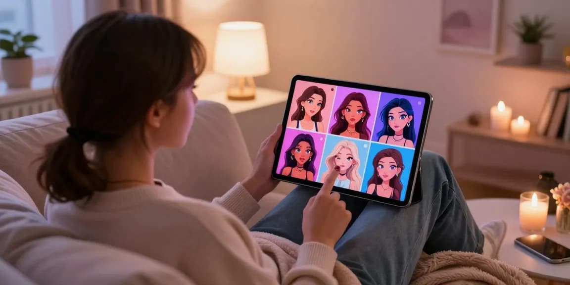 Engaging with sexy AI sluts on a tablet in a cozy room, showcasing intimate digital interaction.