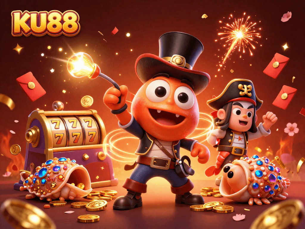 Experience the thrill of KU88 as you spin the reels for golden coins and fortune in this vibrant 3D casino scene.