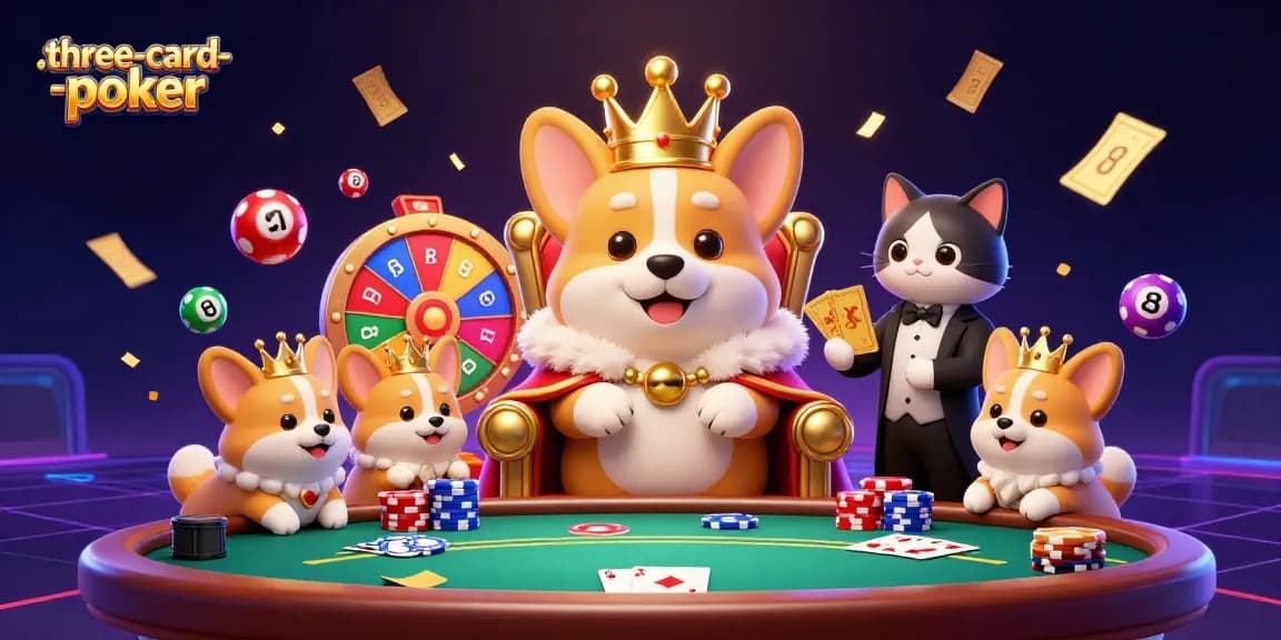Experience three-card-poker excitement with royal corgi and casino elements in this vibrant illustration.