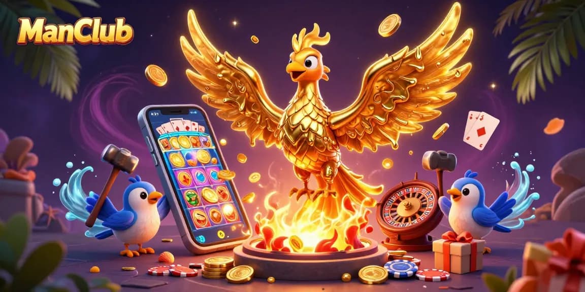 Experience the thrill of ManClub with a vibrant scene showcasing a golden phoenix and dynamic gaming elements.