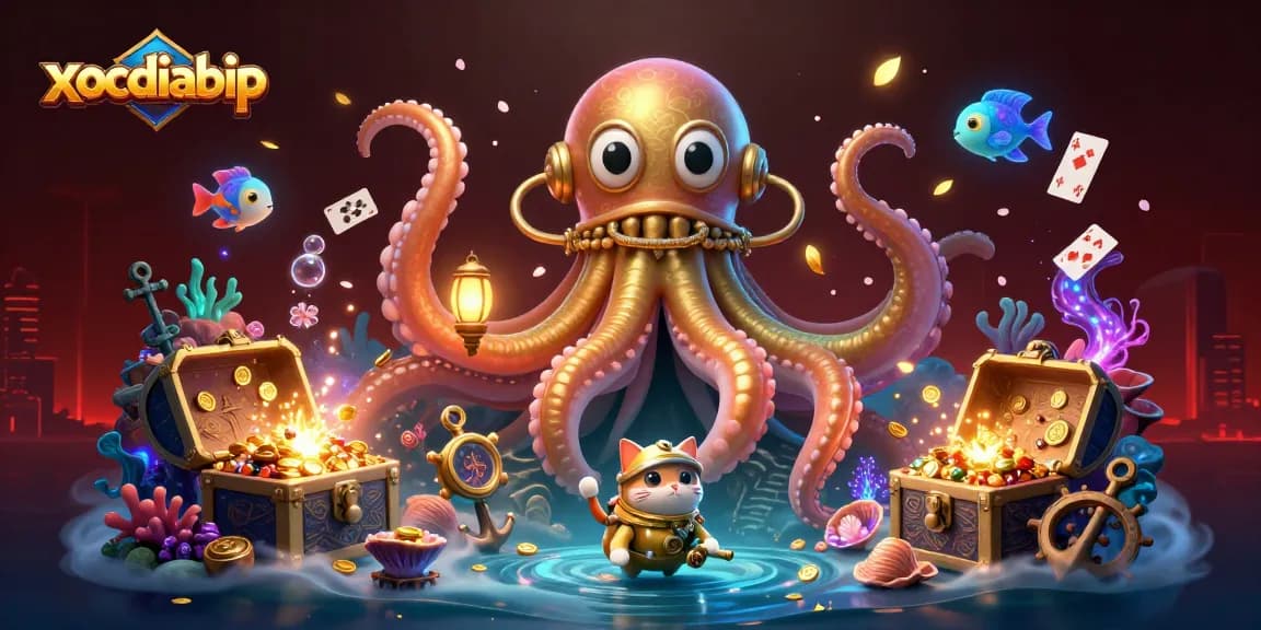 Immerse in the thrilling action with xocdiabip's vibrant kraken and diving cat scene, showcasing treasure and excitement.
