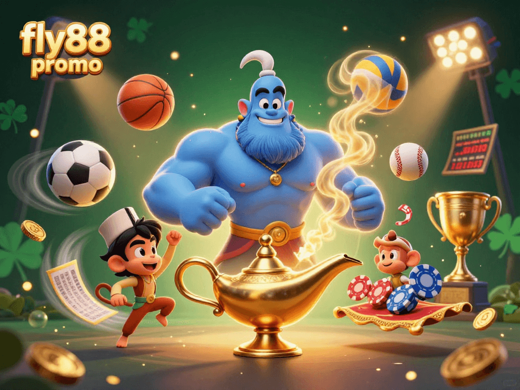 Experience the thrill with fly88 promo, as a genie delivers joyful gambling excitement on a vibrant magic carpet.