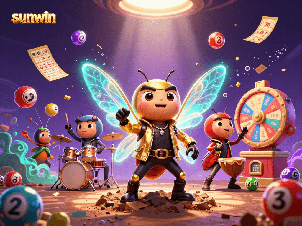 Win big with sunwin in this vibrant lottery-themed casino illustration featuring animated characters.