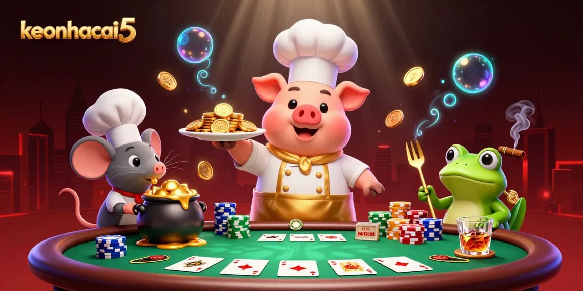 Engage with keonhacai5 as chef pig serves gold coins amid vibrant poker scene.