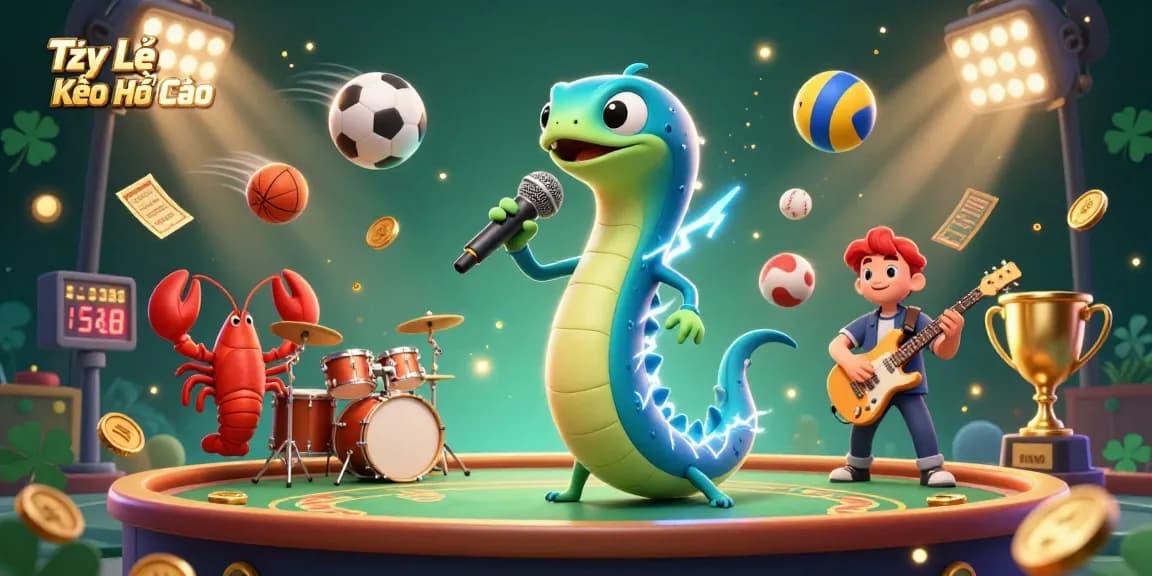 Tỷ Lệ Kèo Nhà Cái showcases an electric eel DJ in an underwater casino with vibrant sports betting elements.
