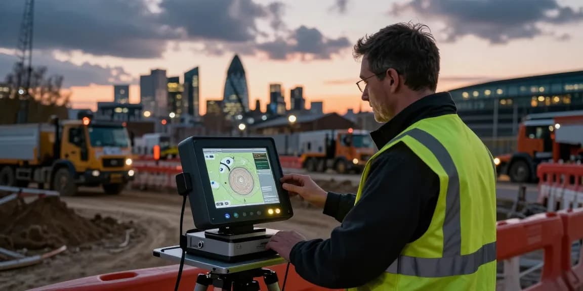 GPR Utility Surveys PAS128 Sussex showcased by surveyor mapping underground utilities in London at dusk.