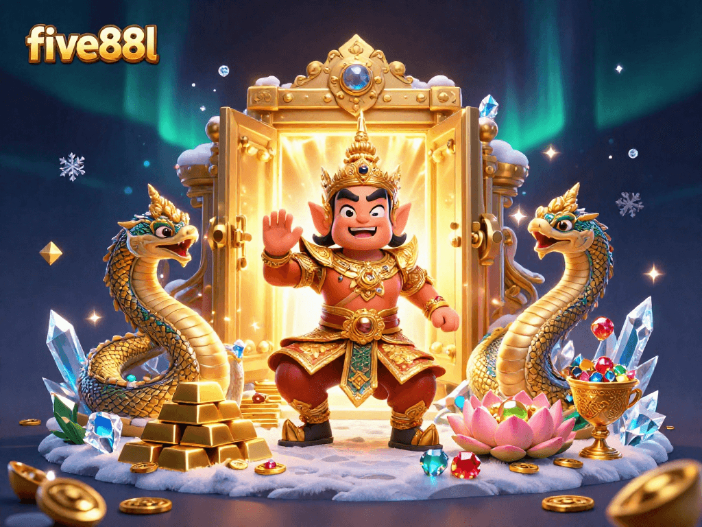 Witness five88l's vibrant gaming world featuring majestic guardians and treasure elements.
