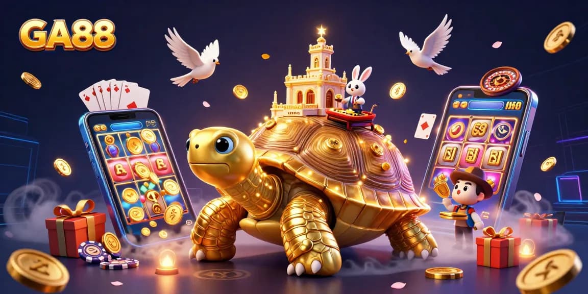 Experience thrilling gameplay at GA88 with a golden tortoise casino, card table, and flying coins.