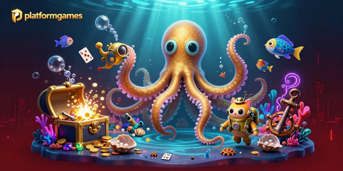Engage with platformgames' thrilling underwater casino scene featuring a colossal kraken and dynamic cartoon elements.