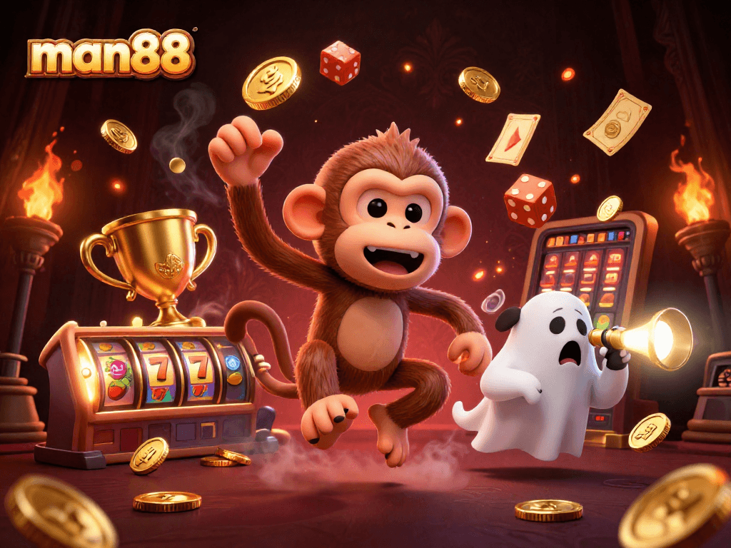 Experience thrilling games at man88, where a playful poltergeist monkey juggles coins in a haunted casino atmosphere.