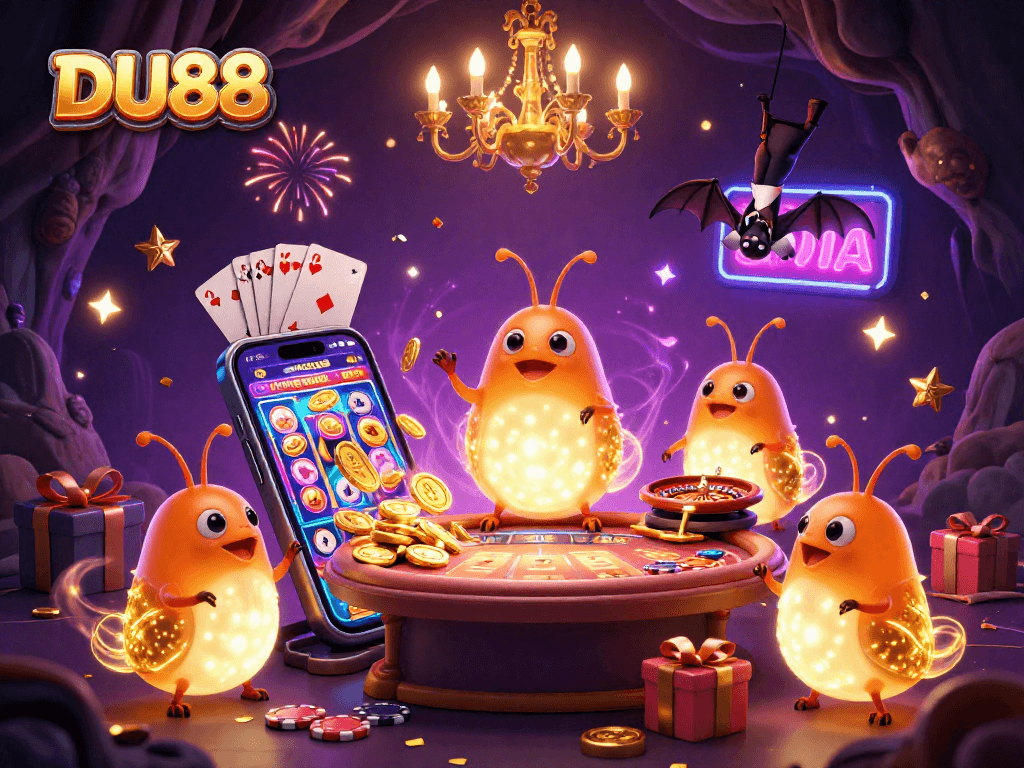 Experience thrilling online gaming with DU88, featuring vibrant casino scenes and colorful slot games lighting up the atmosphere.