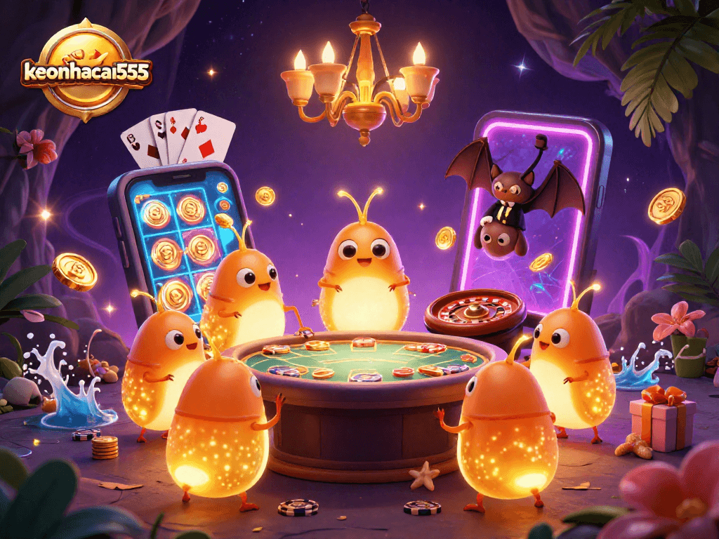 Experience thrilling game features with keonhacai555 in a vibrant cave casino scene.