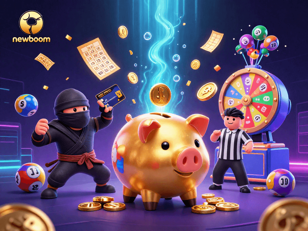 Catch the excitement of newboom's gaming universe with dynamic characters and vibrant lottery elements.
