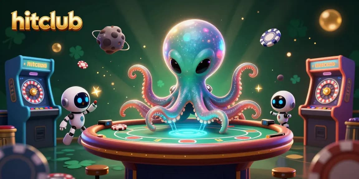 Hitclub showcases an alien octopus enjoying a live casino experience with holographic poker tables and vibrant gaming elements.