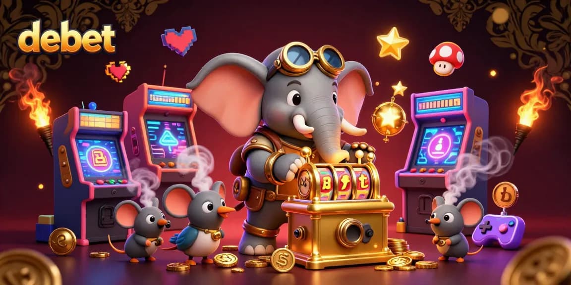 Experience debet's exciting slot machine action with steampunk elephant and colorful arcade vibes.