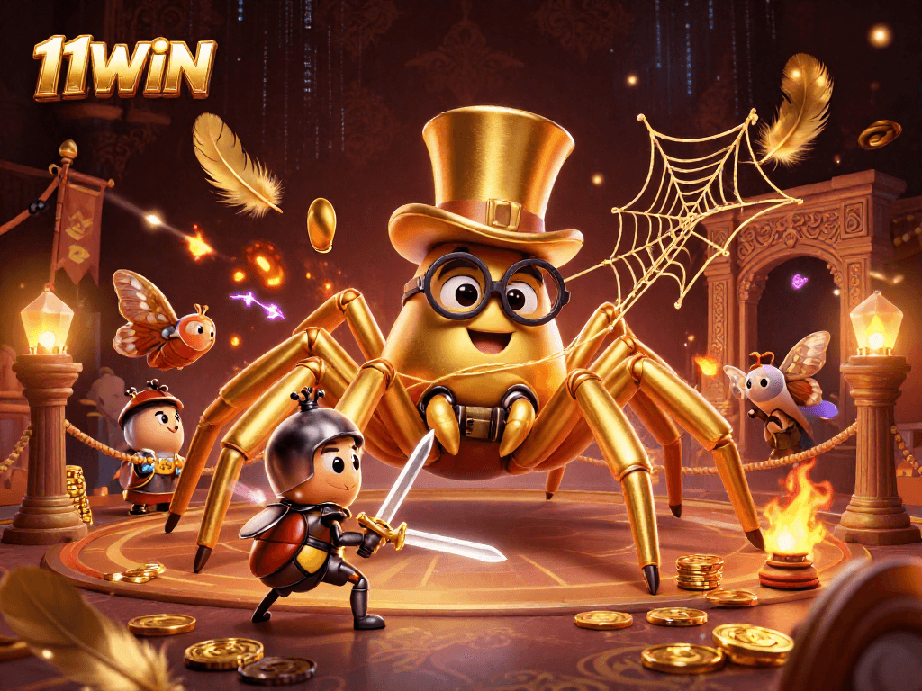 Experience thrilling action with 11WIN's golden tarantula and beetle knight in a vibrant casino scene.