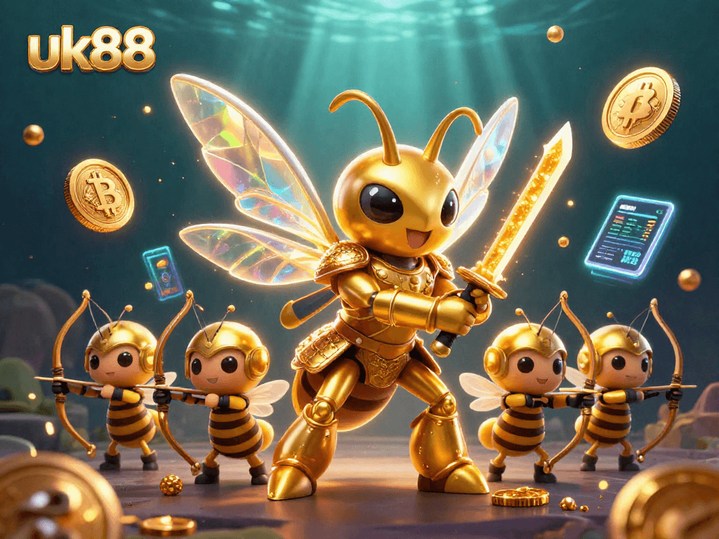 Engage with the dynamic gaming world of uk88, showcasing immersive 3D casino experiences and crypto elements.