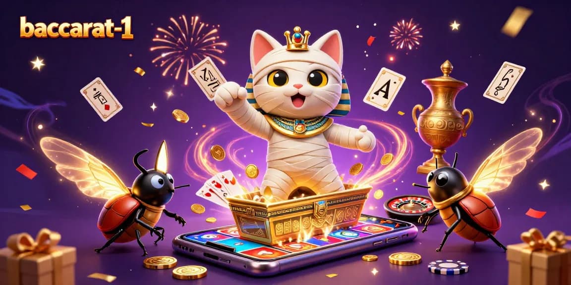 Baccarat-1 showcases a 3D mummy cat and glowing scarab in an exciting casino scene, featuring card and gaming elements.