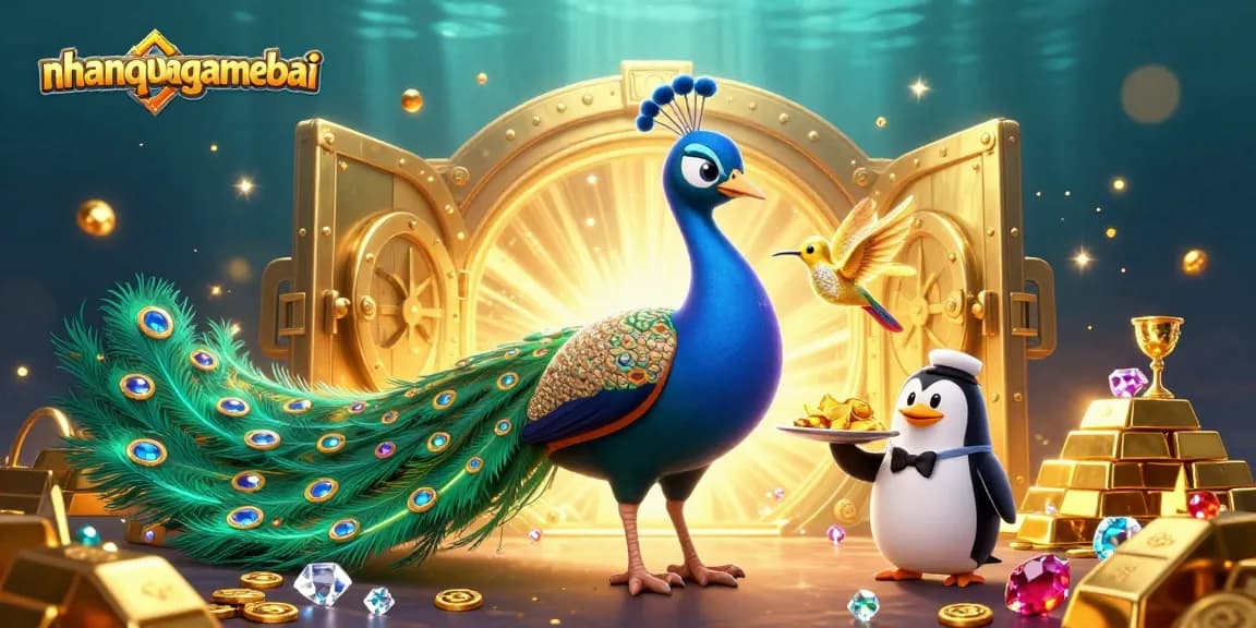 Win at nhanquagamebai with strategic gameplay, featuring vibrant peacock and sparkling treasures.