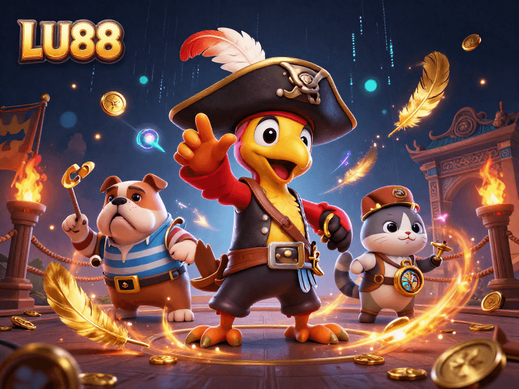 LU88 pirate-themed 3D illustration with vibrant characters and dynamic casino elements