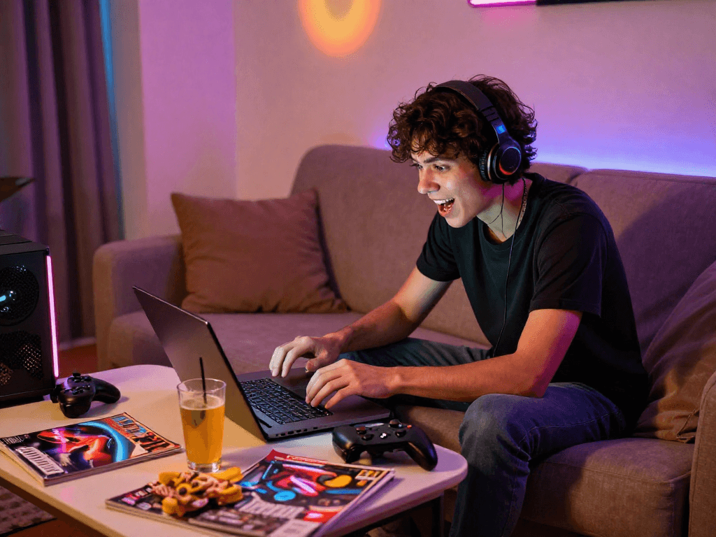 Engaged player enjoying a sex game on a laptop in a cozy gaming setup with snacks and colorful accessories.