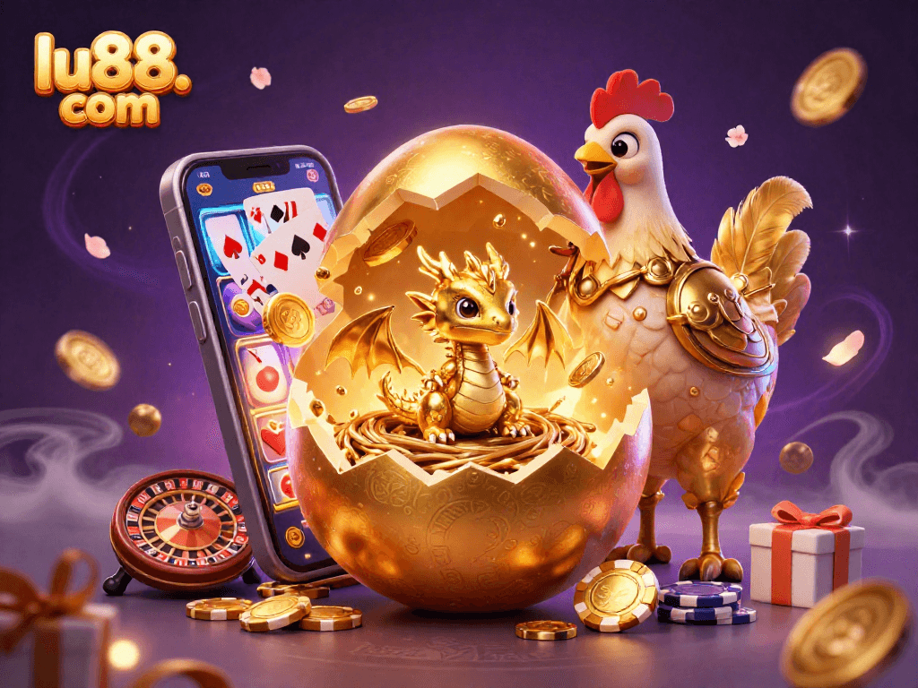Engage with exclusive winnings at lu88. com with a captivating golden dragon and poker chips amidst vibrant gaming elements.