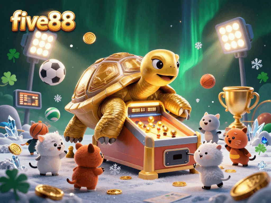 Experience five88 excitement with a golden tortoise pinball machine at a lively casino scene.