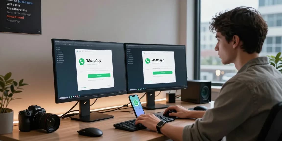 Downloading WhatsApp下載 on a modern workspace with tech gadgets and vibrant lighting.