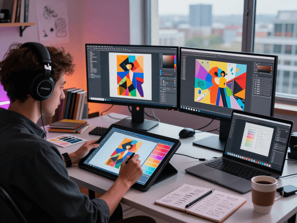 Creating NSFW AI digital art in a modern studio with vibrant tools and inspiring light.